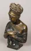 A patinated bronze bust Modelled as a young lady with ribbon tied hair,