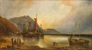 ENGLISH SCHOOL (19th century) Coastal Scene With Fisherfolk and Shipping Oil on canvas 90 x 49 cm,