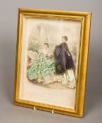 A 19th century French fashion print Depicting two young ladies, each adorned with ornate clothing,