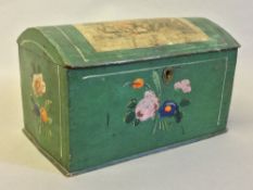 A 19th century decorated pine box The hinged cover domed and with applied print,