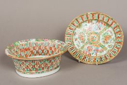 A 19th/20th century Chinese Canton porcelain basket and stand Typically decorated in the Mandarin