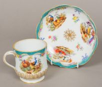 A 19th century Meissen porcelain cup and saucer Painted with bird filled vignettes and floral