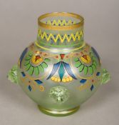 A Fritz Heckert enamelled vase The body typically decorated and applied with lion mask prunts,
