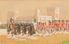 RYMER (19th/20th century) Scottish Pipe Band Procession Watercolour and bodycolour Signed 16.