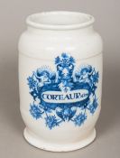 A 19th century Continental blue and white tin glazed dry drug jar The front decorated with cherubs