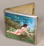 An enamel decorated silver plated cigarette case The hinged lid decorated with a nude female