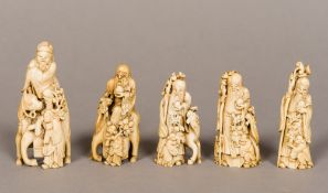 A collection of five 18th century Chinese carved ivory figural groups Four depicting Shao Loa,