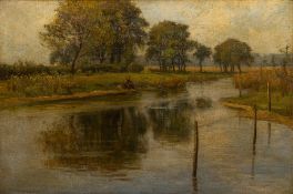 GRACE L M ELLIOTT (exhibited 1906-1918) British Figure Fishing in a River Landscape Oil on