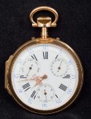 A 19th century French 18 ct gold multi-dial pocket watch The white enamelled dial with Roman and