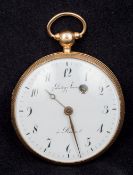 A French 18 ct gold verge escapement pocket watch The white enamelled dial with Roman numerals and