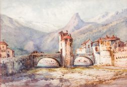 GABRIELE CARELLI (1820-1900) Italian The Old Toll Bridge at Sospello Watercolour Signed 24.