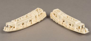 A pair of 19th century Canton carved ivory boats Each of typical form,
