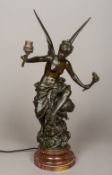 After EUTROPE BOURET (1833-1906) French Reveil du Printemps Bronze, fitted as a table lamp,
