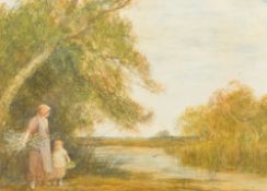 THEODORE HINES (19th century) Faggot Gatherer and Child in a River Landscape Watercolour and