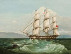 Attributed to WILLIAM GARTHWAITE (1821-1899) British Frigate in Full Sail in Choppy Waters Oil on