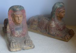 A pair of 19th century carved wooden models of sphinxes Of typical form,