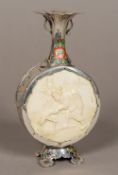 A late 19th century Japanese ivory mounted and cloisonne decorated silver vase Of flared moon flask