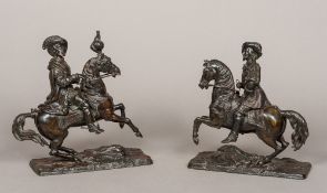 A pair of 19th century Continental patinated bronze models Each formed as a dapper gentleman on