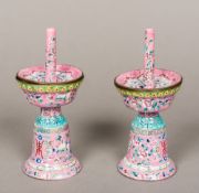 A pair of 18th/19th century Canton enamel incense burners Each with slender chimney above removable