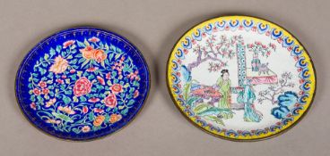 A 19th century Canton enamel dish Decorated with a female figure and her attendant in a garden