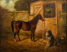 Attributed to HERBERT ST JOHN JONES (1870-1939) British Dog and Horse Before a Stable Oil on