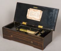 A 19th century music box Of typical hinged rectangular form, the hinged lid enclosing the movement,