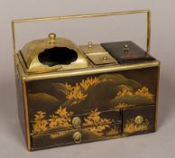 A late 19th century Japanese brass mounted lacquered travelling writing box With angular loop