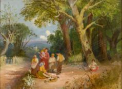 Attributed to JOSEPH HORLOR (1809-1887) British Figures in a Wooded Landscape Oil on board 29 x 21.