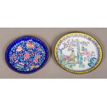 A 19th century Canton enamel dish Decorated with a female figure and her attendant in a garden