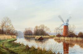 SIDNEY F CLARKE (1939-2014) British (AR) Reed Lighter in a River Landscape With a Windmill Oil on