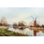SIDNEY F CLARKE (1939-2014) British (AR) Reed Lighter in a River Landscape With a Windmill Oil on