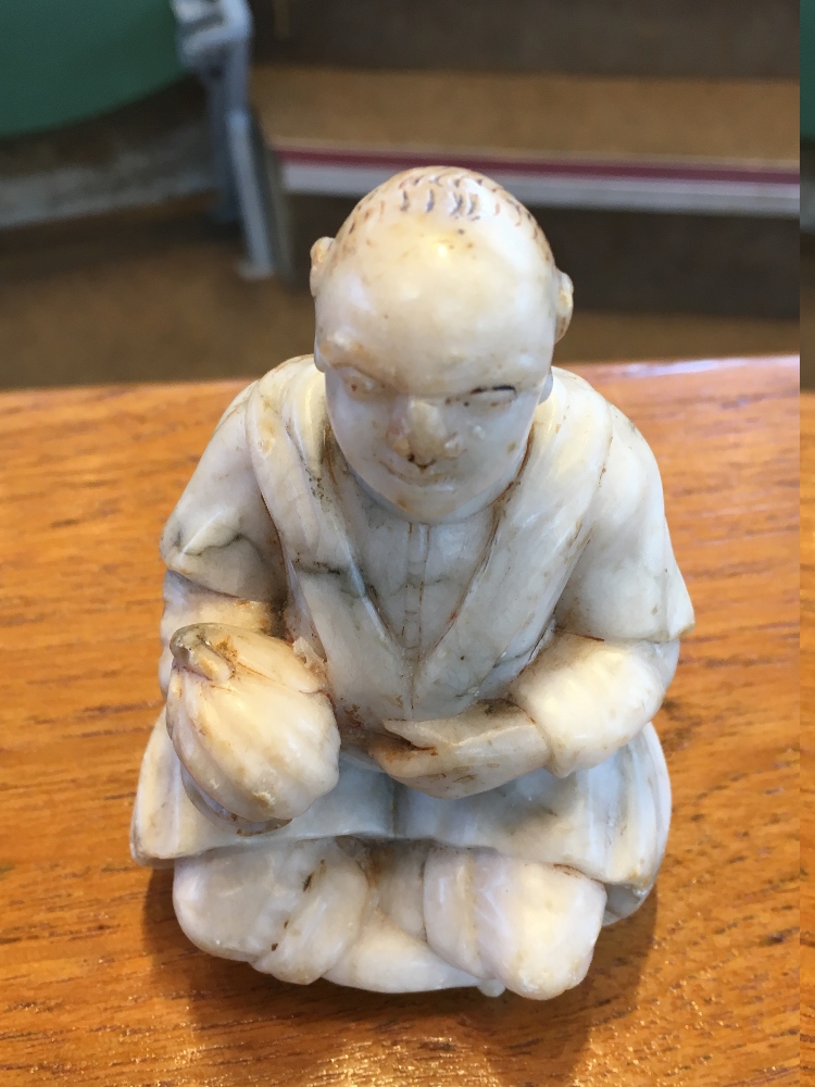 A 19th century Oriental soapstone figure Modelled as a seated gentleman, holding a gourd. - Image 6 of 7