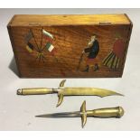 Three pieces of WWI trench art, a hand painted wood propaganda box,