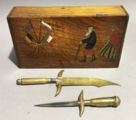 Three pieces of WWI trench art, a hand painted wood propaganda box,