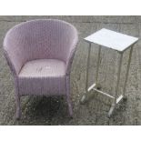 A Lloyd Loom type chair and a painted side table