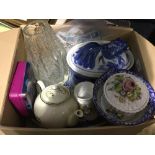 A box of miscellaneous ceramics, glass, coins, stamps, etc.