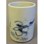 A Chinese blue and white porcelain brush pot Of circular section, decorated with prawns,