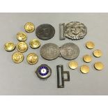 A quantity of Naval buckles, buttons, a watch, etc.