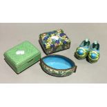 Two cloisonne boxes and two other cloisonne items