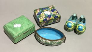 Two cloisonne boxes and two other cloisonne items