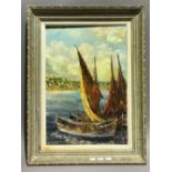 Fishing boat in a harbour, oil on canvas,