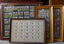 A collection of framed horse racing themed cigarette cards