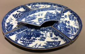 Four Spode blue printed pearlware segment dishes, circa 1790, impressed SPODE,