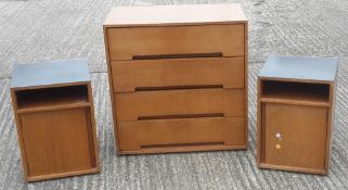 A vintage light oak Stag chest of drawers and a pair of Stag pot cupboards