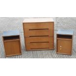 A vintage light oak Stag chest of drawers and a pair of Stag pot cupboards