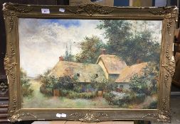 ENGLISH SCHOOL (20th century), Thatched Cottage in a Pastoral Landscape, oil on canvas,