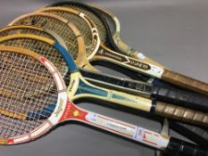 A quantity of vintage tennis rackets
