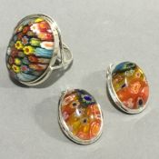 A silver and millefiori ring and earring set