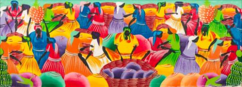 ASTRAEL (20th century) Haitian Busy Market Scene Bodycolour Signed 75.5 x 27.