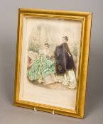 A 19th century French fashion print depicting two young ladies, each adorned with ornate clothing,